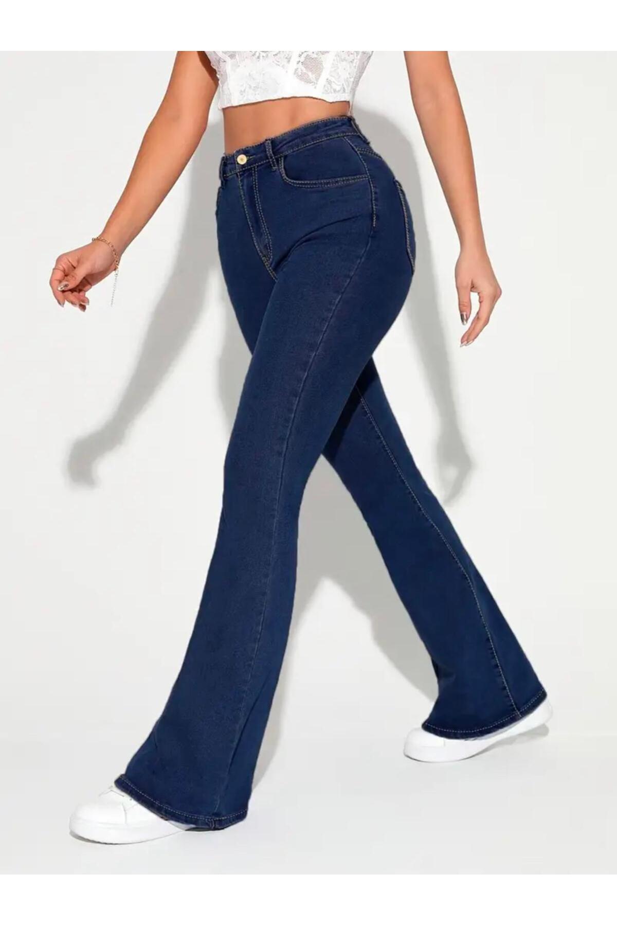 geenz manifacture  Lacivert Kadın Oskar Likralı Yüksek Bel Bej Ispanyol Paça Jeans Pantolon - Görsel 2