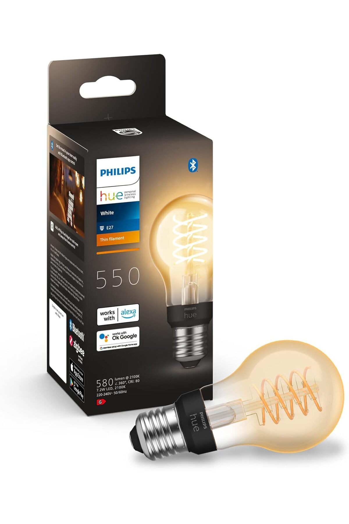 Philips Hue White E27 Filament 7W A60 550 lm, Sıcak Beyaz Işık Akıllı Ampul
