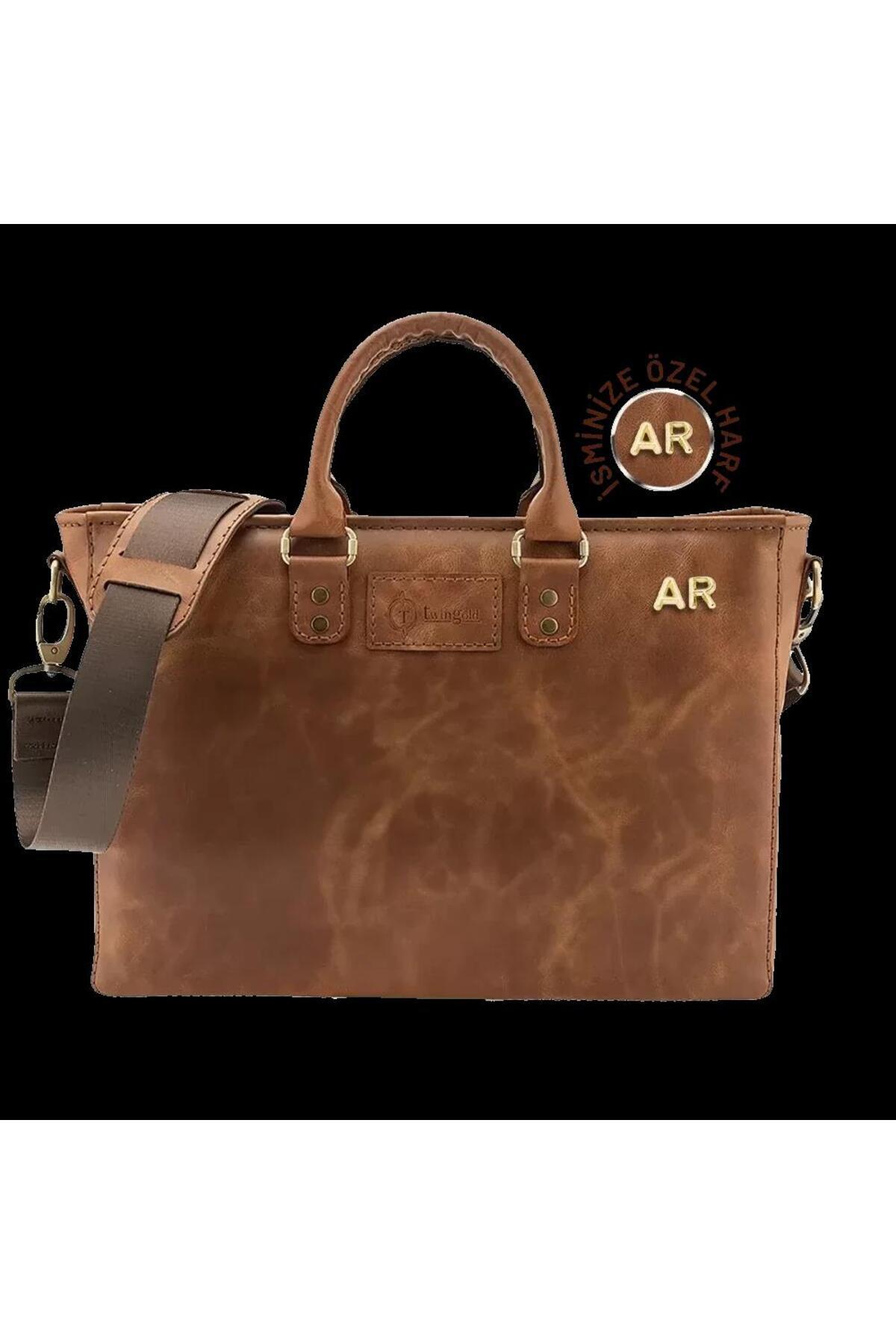 twingold İsme Özel Günlük Kullanım El Omuz Evrak Laptop Çantası - %100 Deri - AC09004 - Kahverengi