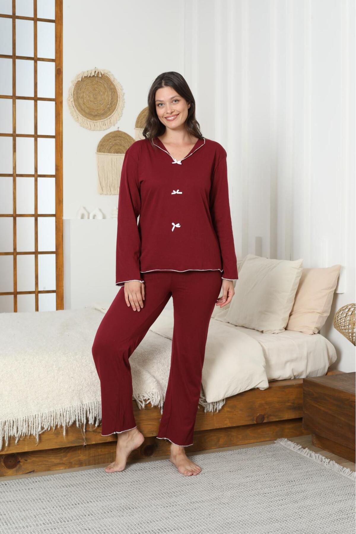 STELLAPİNK  UZUN KOL FİYONK DETAYLI YAKALI PİJAMA TAKIMI - BORDO - Görsel 4