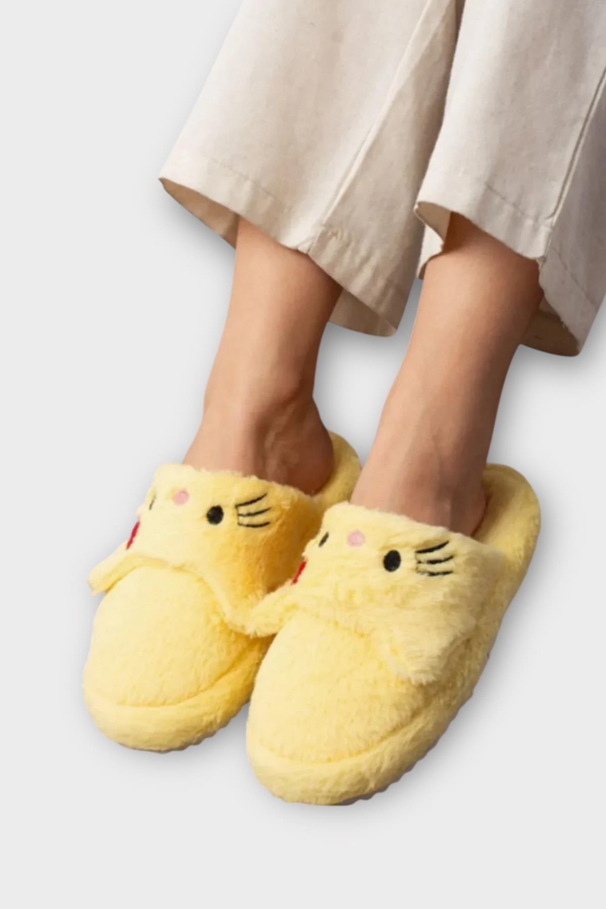 Liger Kışlık Kadın HelloKitty Figürlü Kaydırmaz Taban Ev Ayakkabısı Panduf SARI görsel 7