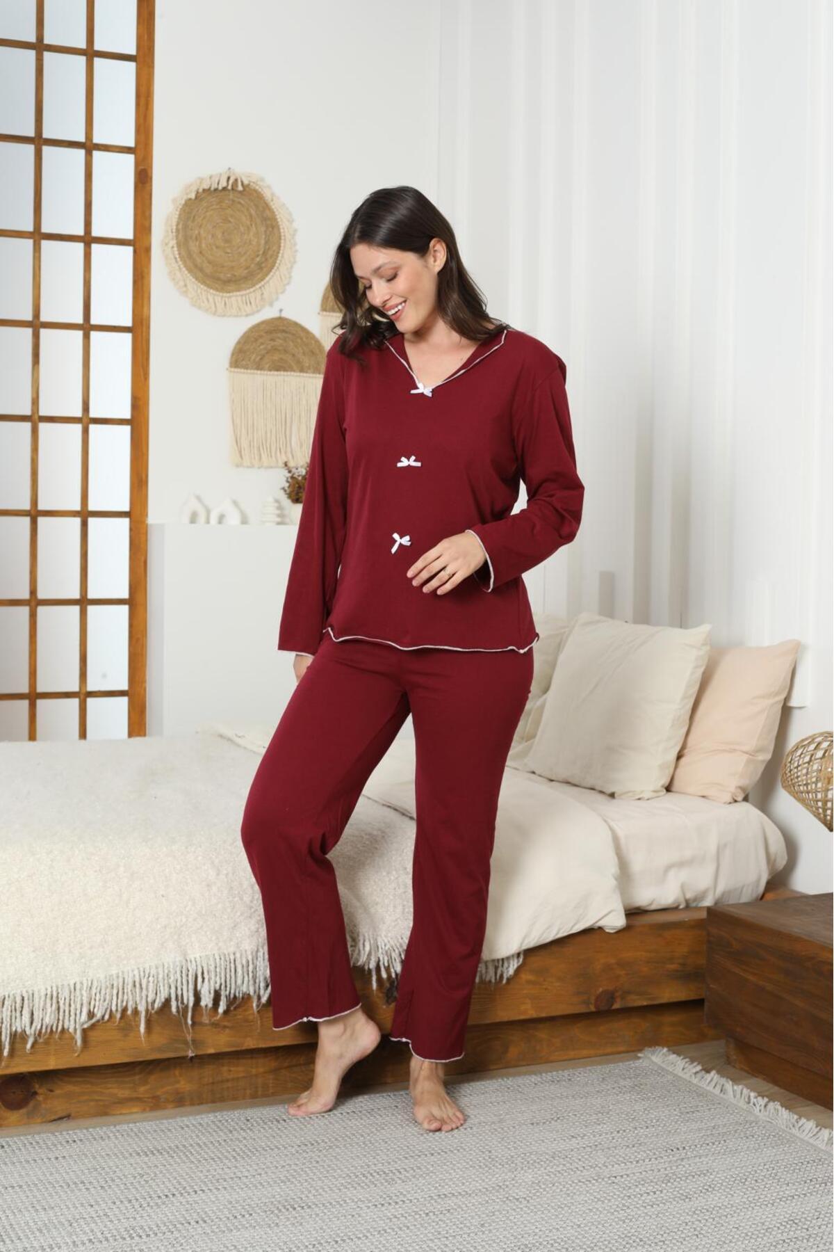 STELLAPİNK  UZUN KOL FİYONK DETAYLI YAKALI PİJAMA TAKIMI - BORDO - Görsel 3