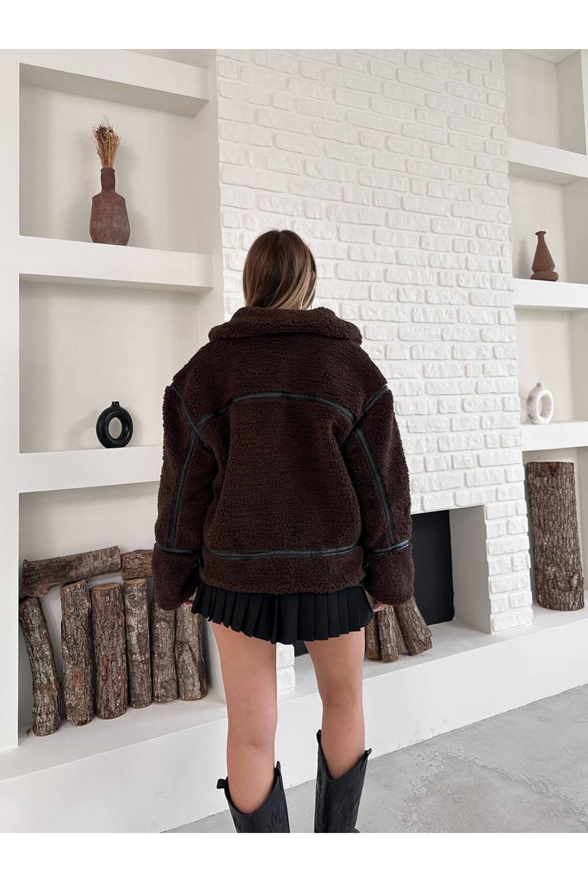 Kadın Biyeli Oversize Uzun Peluş Mont