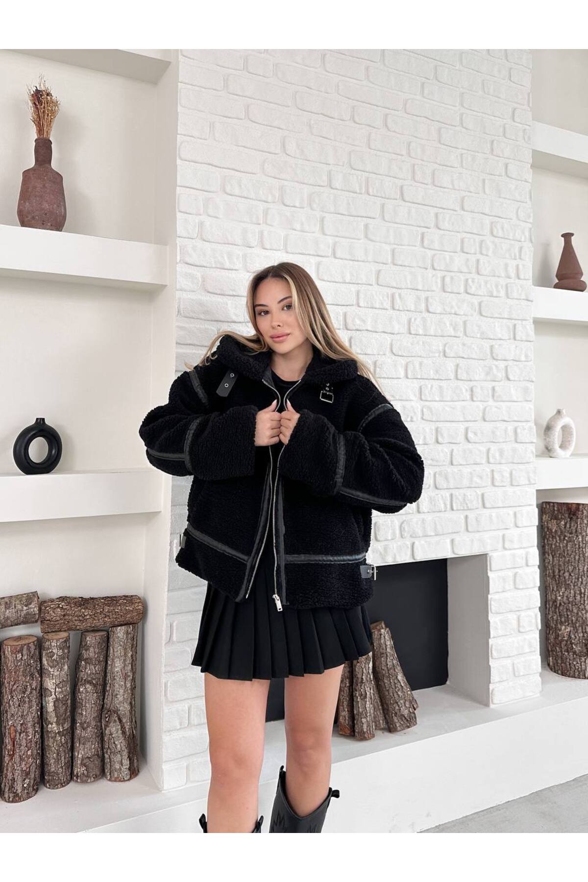 Manteau long en peluche oversize pour femme noir - Görsel 4