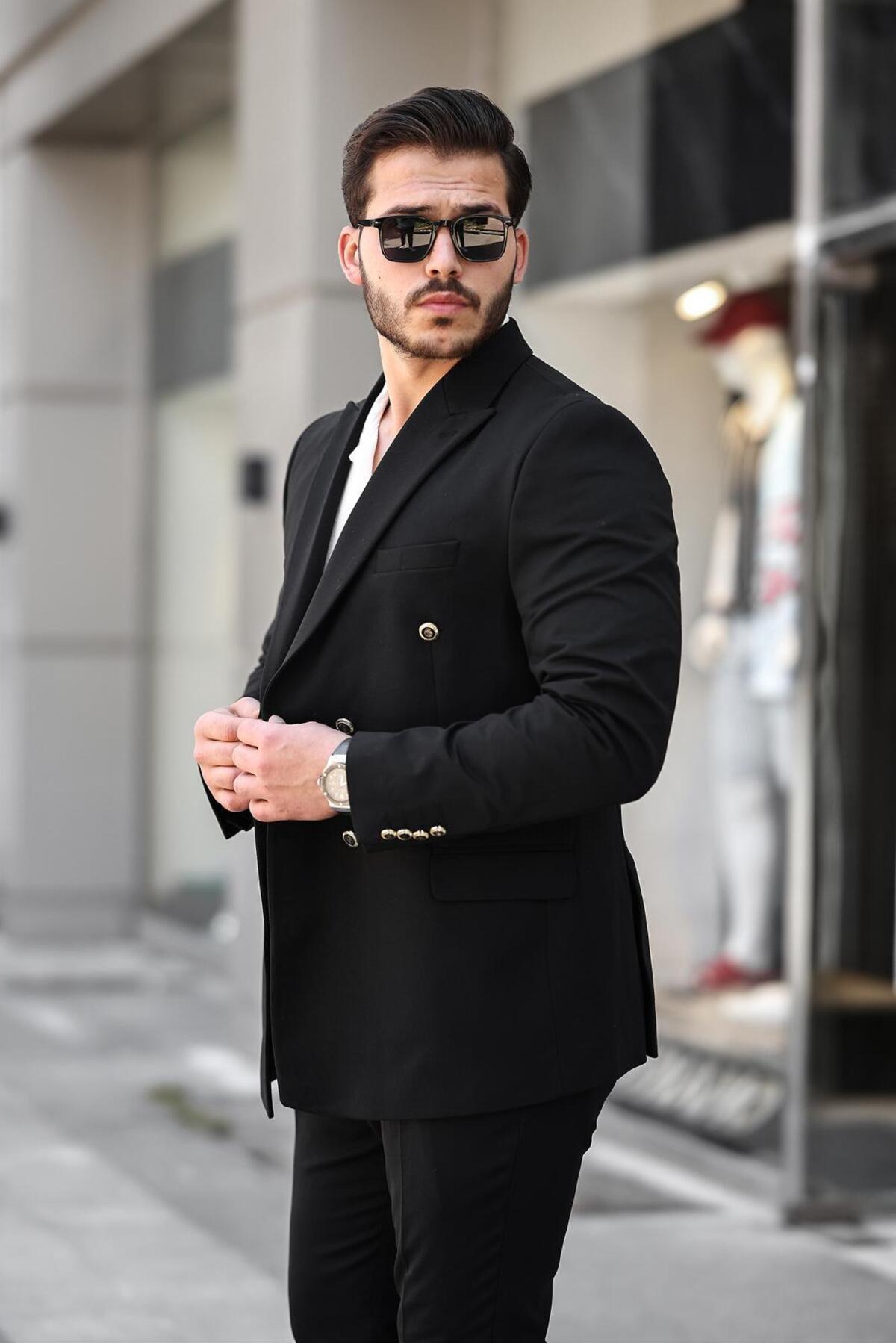 SABRİ ZENGİN  Erkek Siyah Slim Fit Penye Kumaş Kruvaze Ceket - Görsel 3