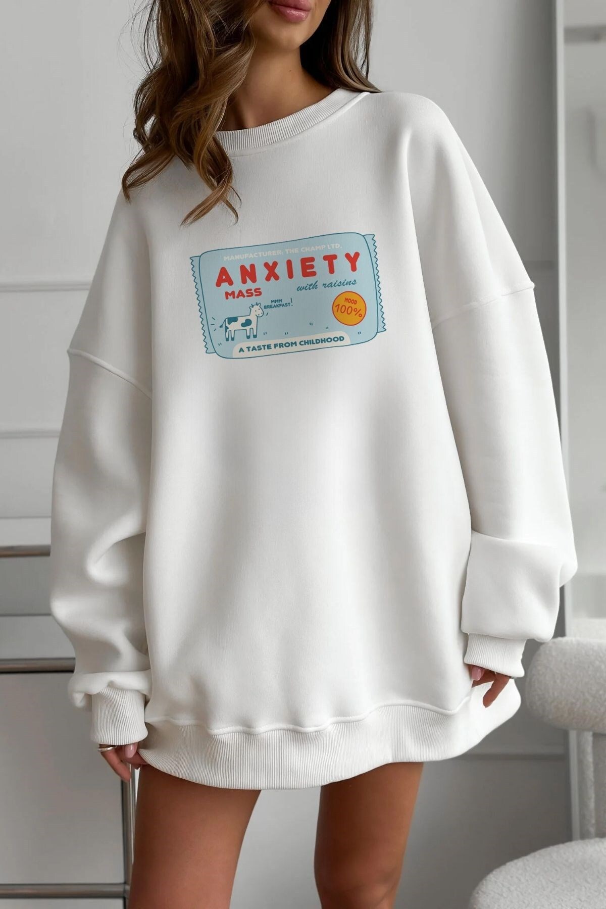 The Champ Clothing Kadın Oversize Sweatshirt Elbise Anxiety Bar Baskılı Beyaz, Bisiklet Yaka, 3 İplik Şardonlu Polar görsel 5
