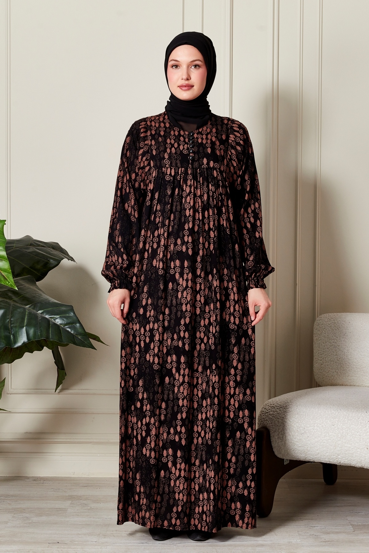 fistan Büzgü Robadan Önü Düğmeli Viskon Kumaş Tessetür Giyim Anne Elbisesi Namaz Elbisesi