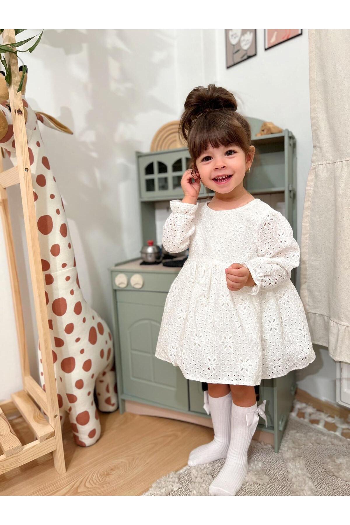 penu baby kids Ekru Çiçek Desenli Fisto Kumaş Fiyonklu Uzun Kollu Kız Çocuk Kız Bebek Elbise fotoğrafı 7 (önizleme)