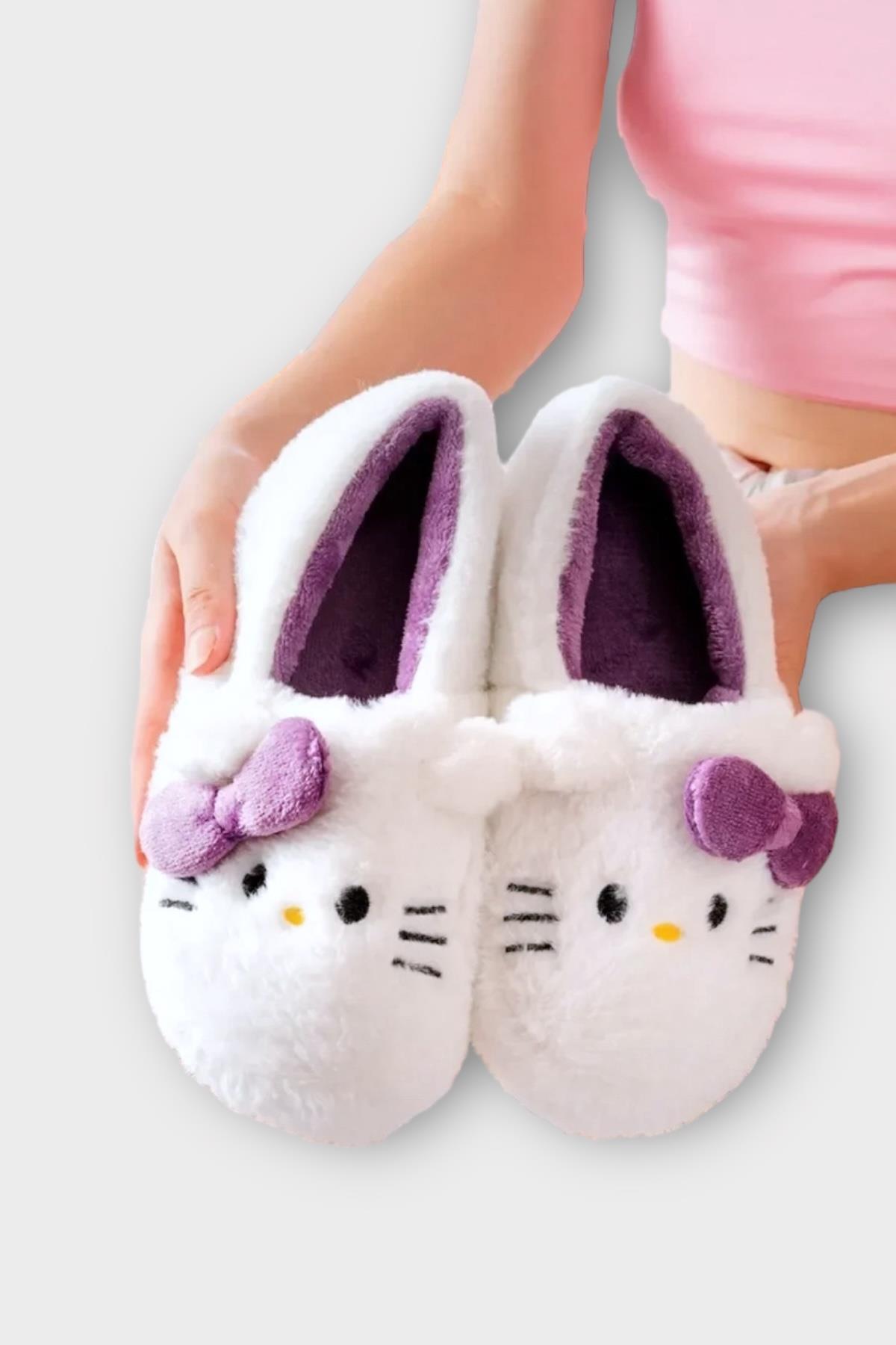 Liger Kışlık Kadın HelloKitty Figürlü Kaydırmaz Taban Ev Ayakkabısı Panduf BEYAZ - MOR görsel 6