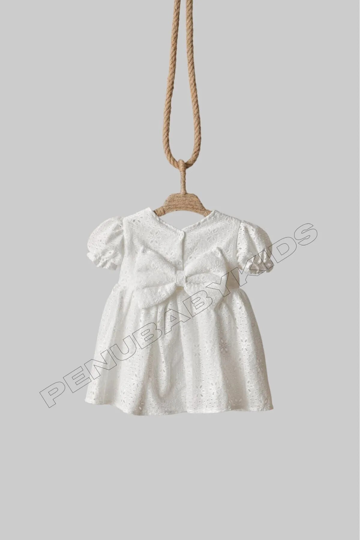 penu baby kids Ekru Çiçek Desenli Fisto Kumaş Fiyonklu Kısa Kollu Kız Çocuk Kız Bebek Elbise fotoğrafı 7 (önizleme)