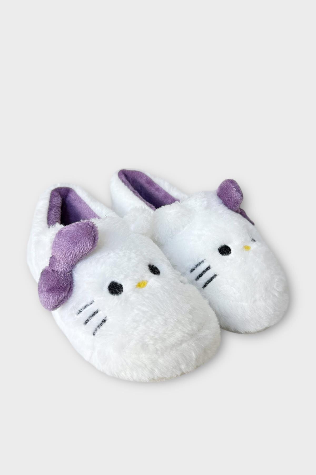 Liger Kışlık Kadın HelloKitty Figürlü Kaydırmaz Taban Ev Ayakkabısı Panduf BEYAZ - MOR görsel 3