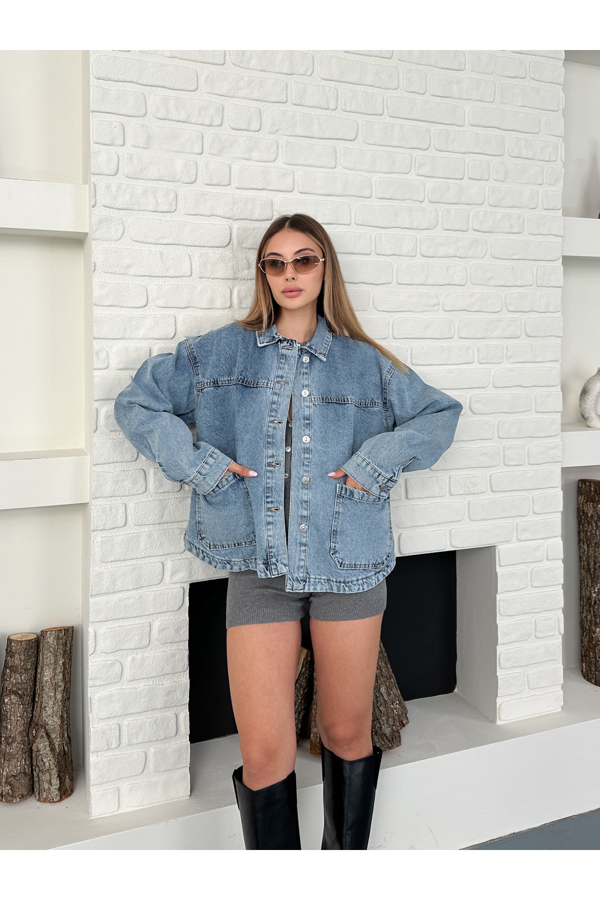 Ekim Store  Mavi Yıkamalı Büyük Cepli Denim Ceket - Görsel 5