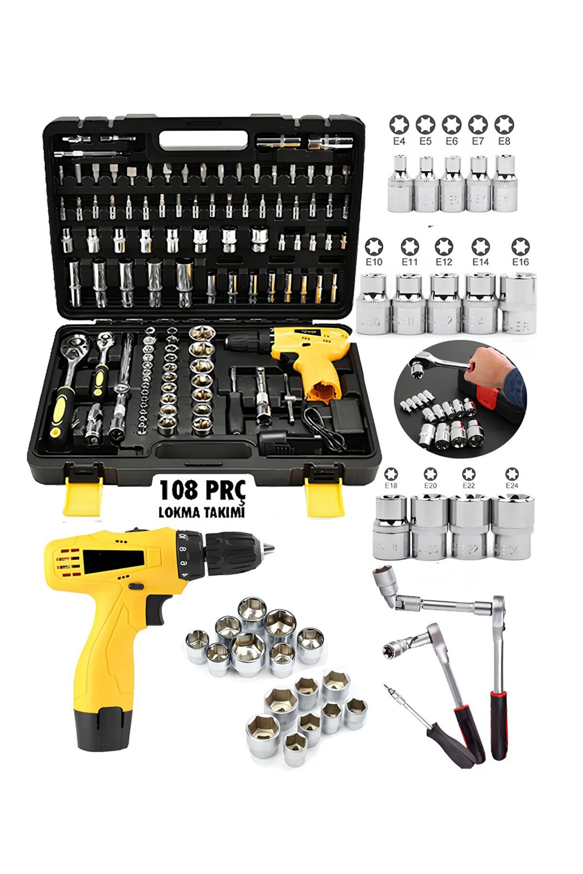 Genel Markalar Lema Japon EEA417 108 Parça Full Set 58 Vf Akülü Vidalama Matkap Ve Lokma Ve Uç Takım Seti Çantalı