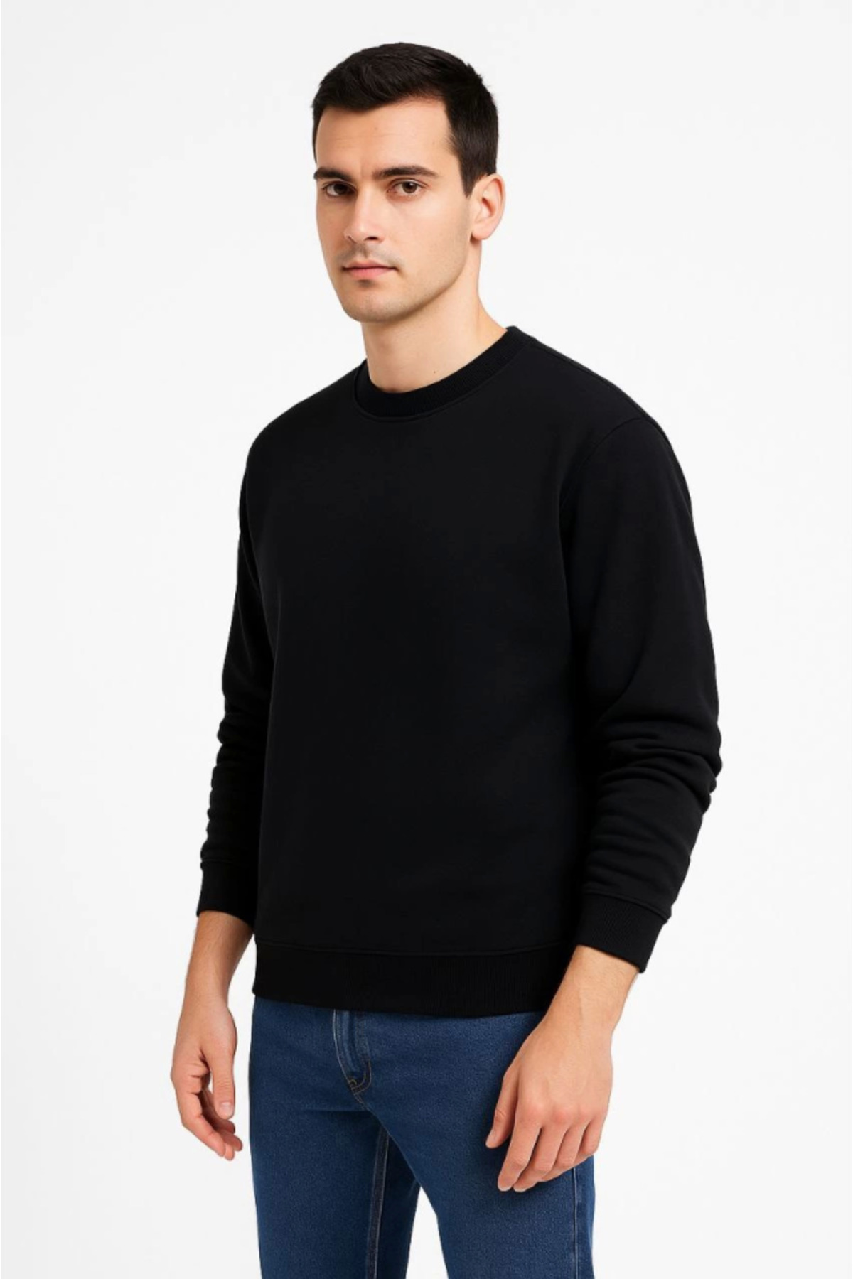 Erkek Üç İplik Düz Bisiklet Yaka SweatShirt - Siyah