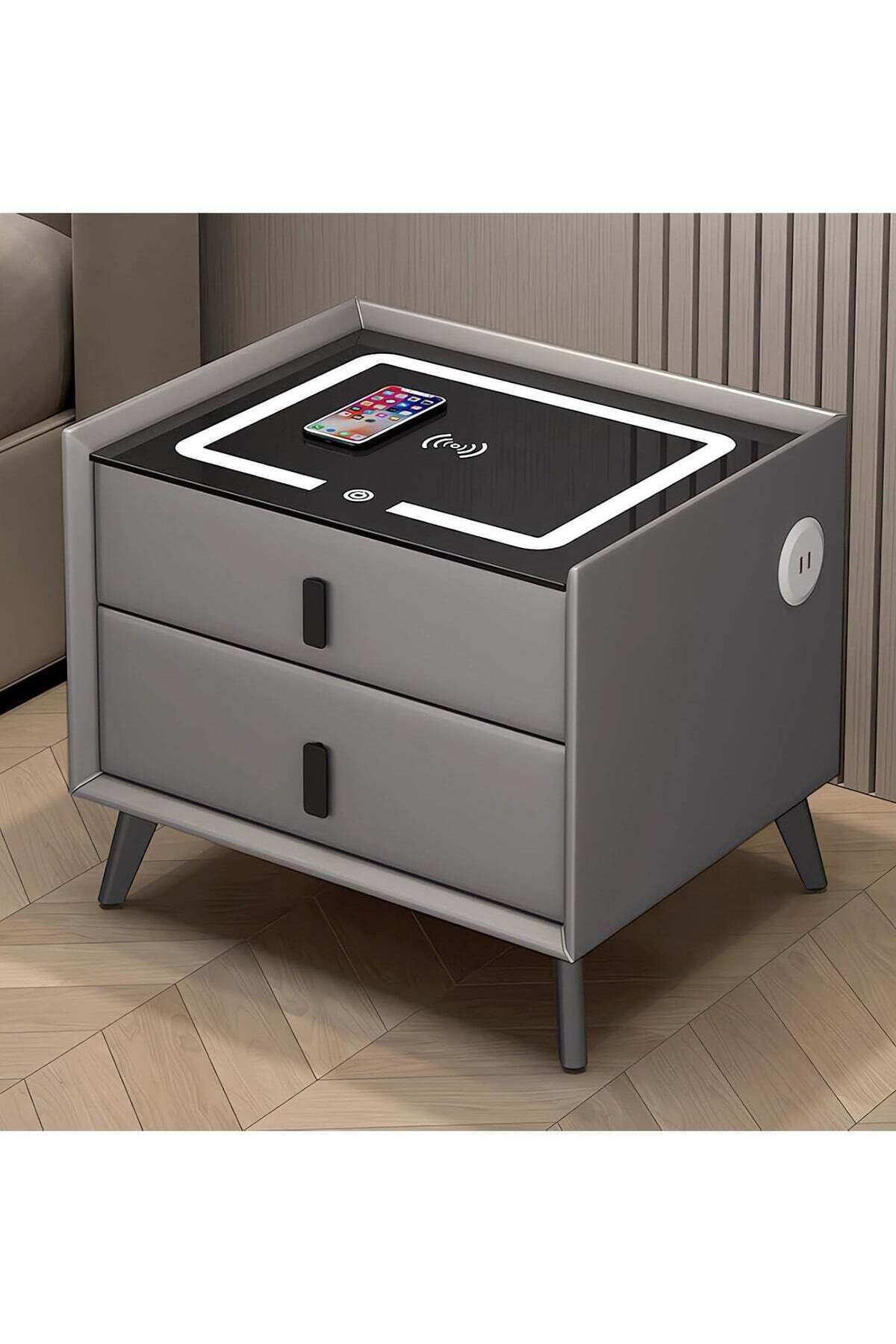 Domuik-Bedside Table with 2 Drawers, Wireless Charging Nightstand, Modern Smart Table, End Table wi 1