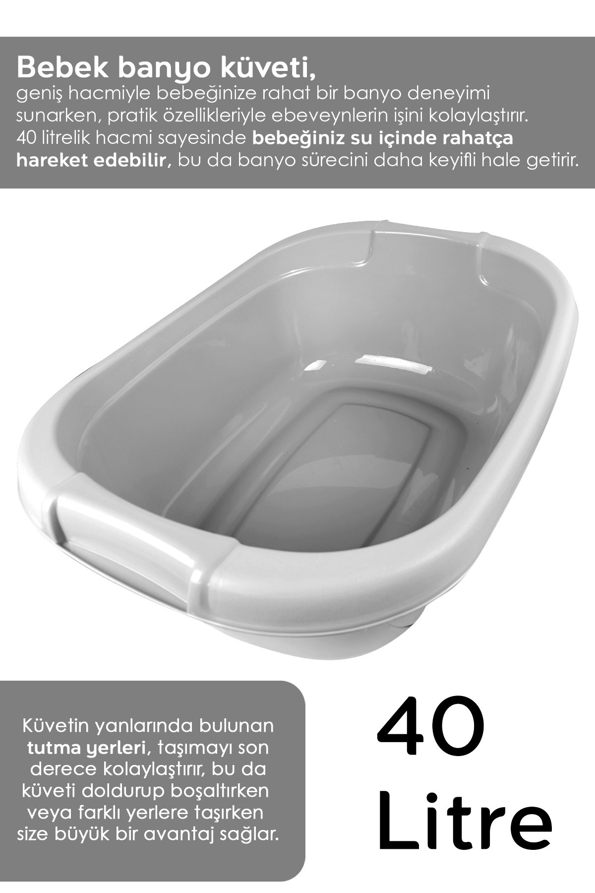 Meleni Baby 3’lü Bebek Banyo Seti - Bebek Yıkama Küveti - Su Kovası - Maşrapa - Gri fotoğrafı 6 (önizleme)