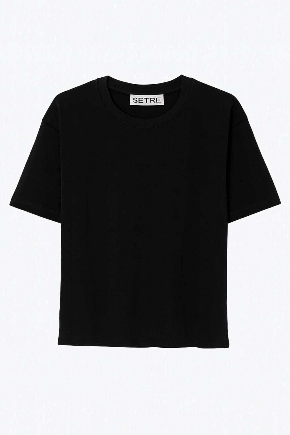 Setre Siyah %100 Pamuklu Bisiklet Yaka Basic Kısa Kollu Oversize T-Shirt