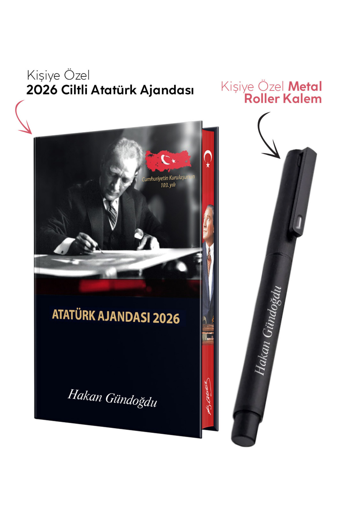 Kişiye Özel 2026 Atatürk Ciltli Ajanda ve Metal Roller Kalem
