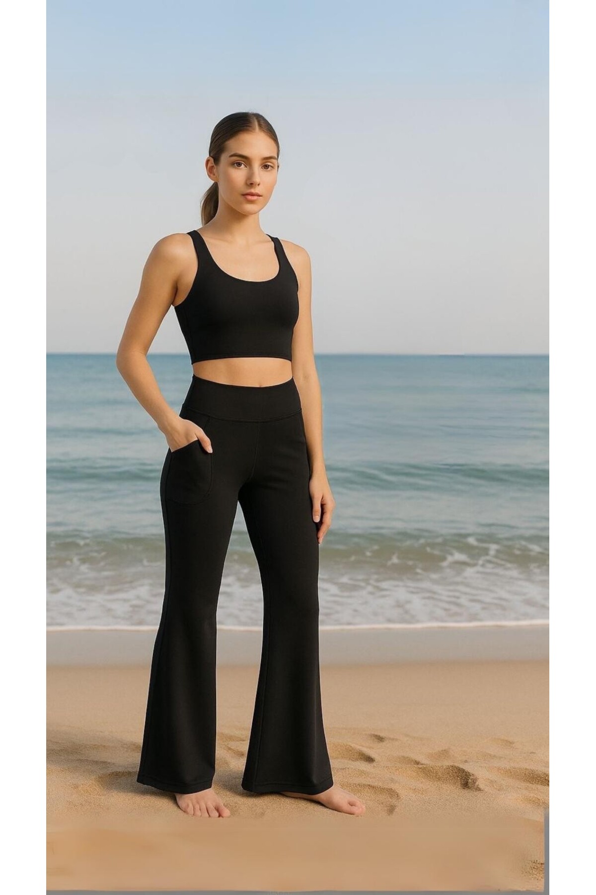 Grenj Fashion  Siyah Scuba/Dalgıç Kumaş Rahat Kesim İspanyol Paça Örme Spor Eşofman Altı - Görsel 3