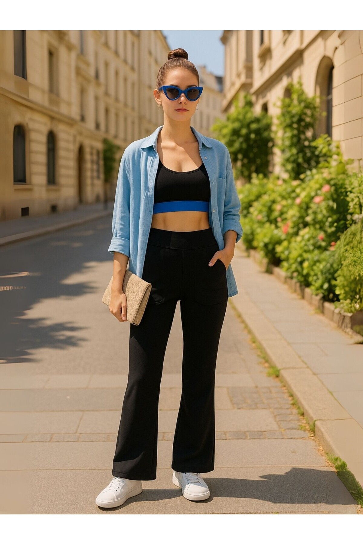 Grenj Fashion  Siyah Scuba/Dalgıç Kumaş Rahat Kesim İspanyol Paça Örme Spor Eşofman Altı - Görsel 4