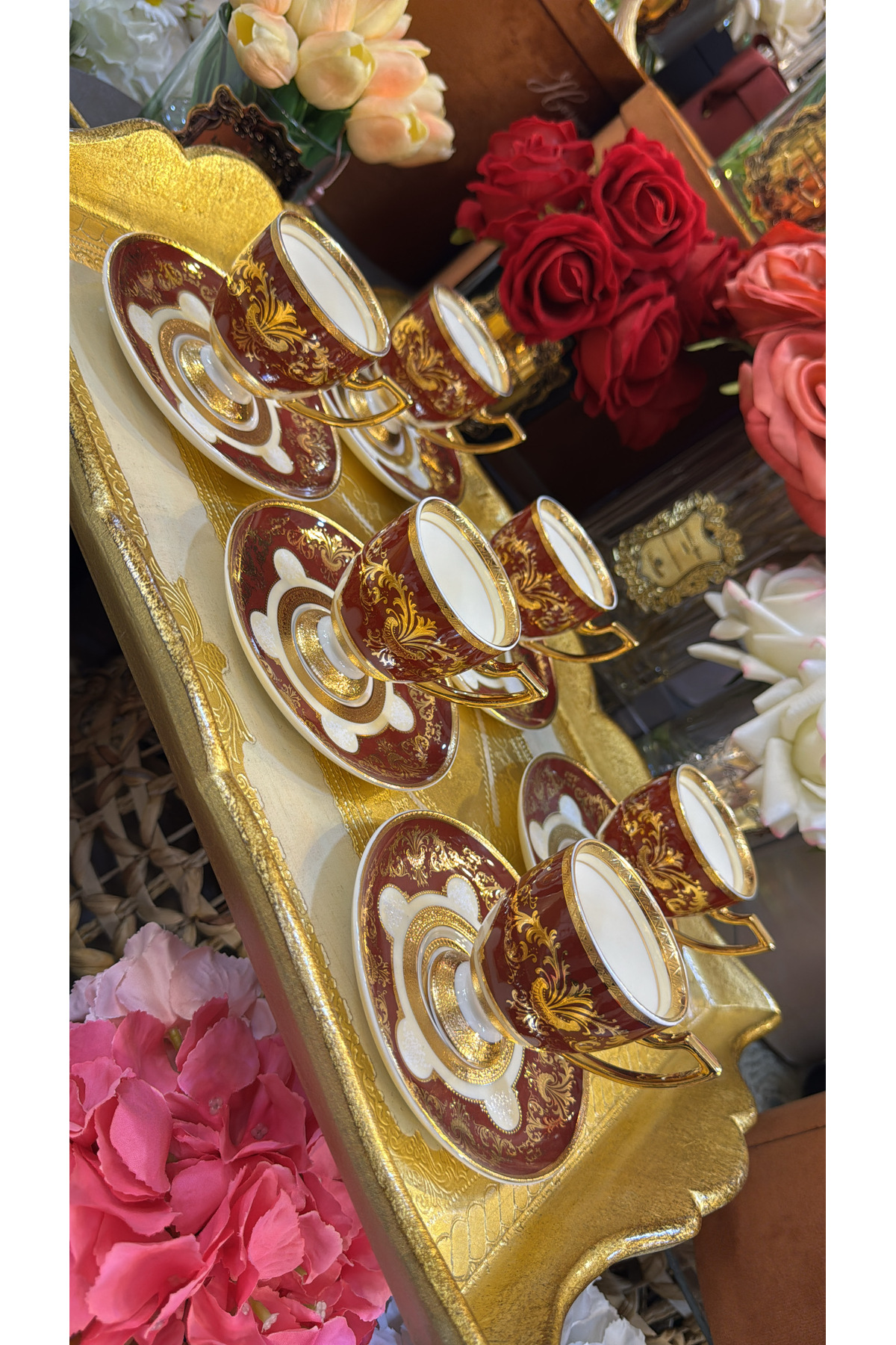 hediye ESTERHOMEDECOR 6 Kişilik porselen kahve fincan takımı bordo ...