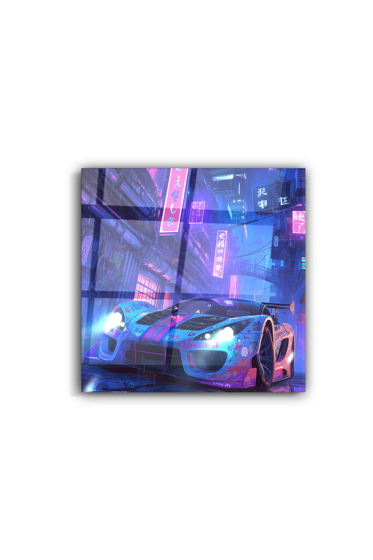 Cyberpunk Neon Araba Cam Tablo – Yapay Zekâ ile Üretilen Gelecek Temalı Modern Sanat | Neon | Sanat
