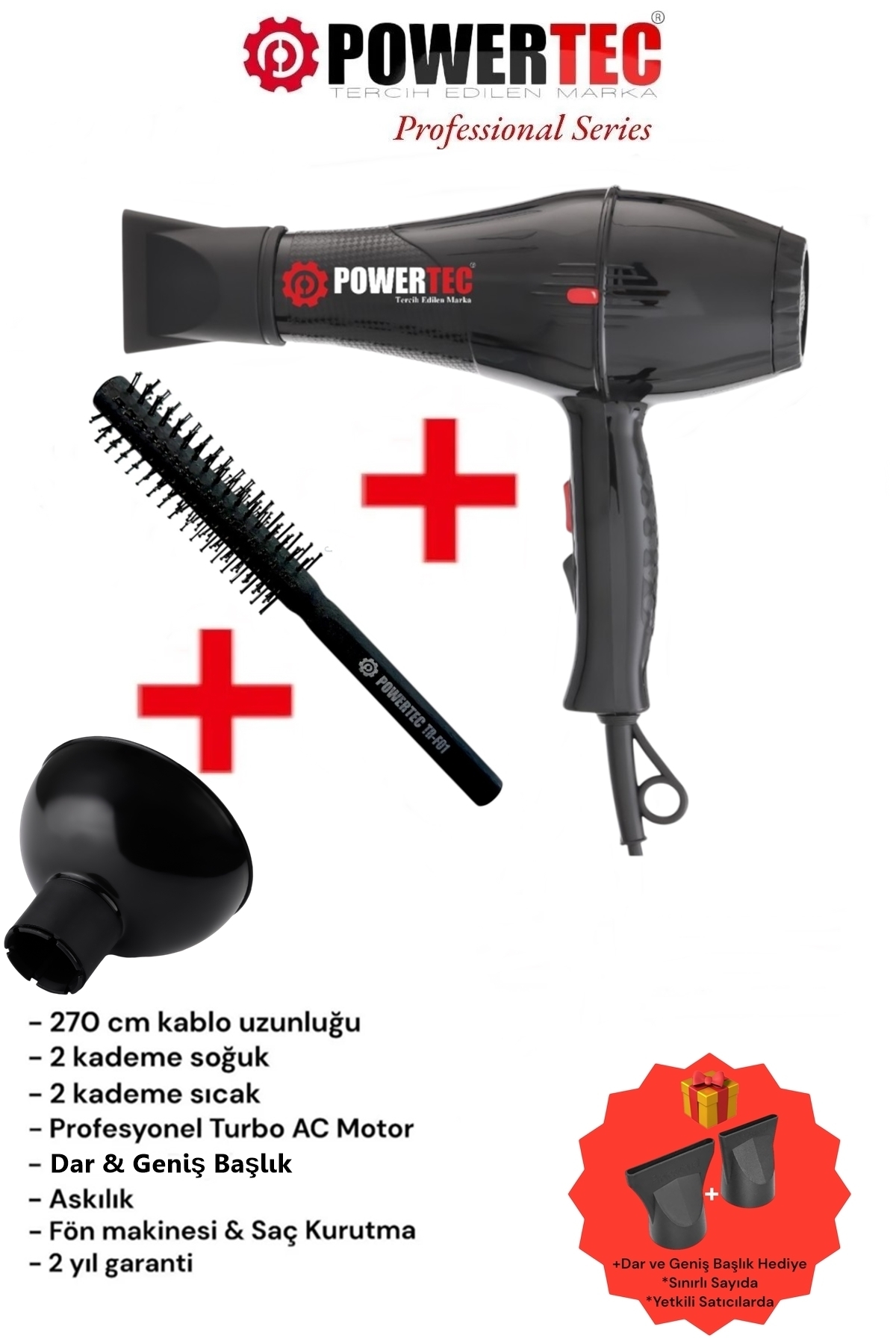 POWERTEC TR-701 Profesyonel Fön Makinesi + Hacimlendirici Difüzör Başlık + Profesyonel Fön Fırçası