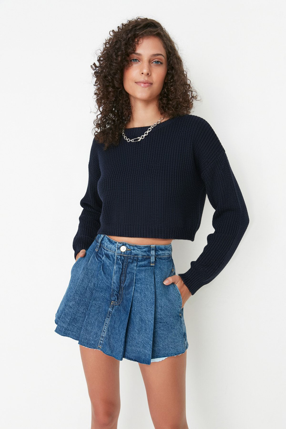 Trendyol Collection Niebieska, plisowana spódnica dżinsowa z regularnym stane...