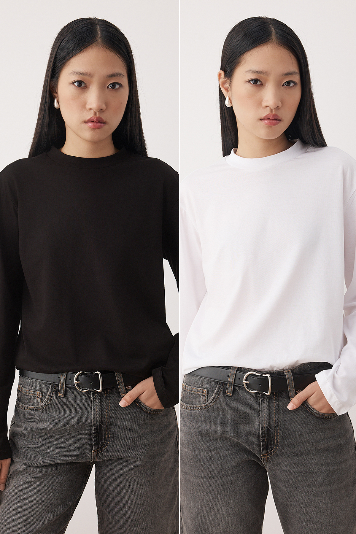 Trendyol Collection Black-And-White 2-Pack 100% Cotton Regular Fit Long Sleeve Stand Collar Knitted T-Shirt Twoaw26Ts00006