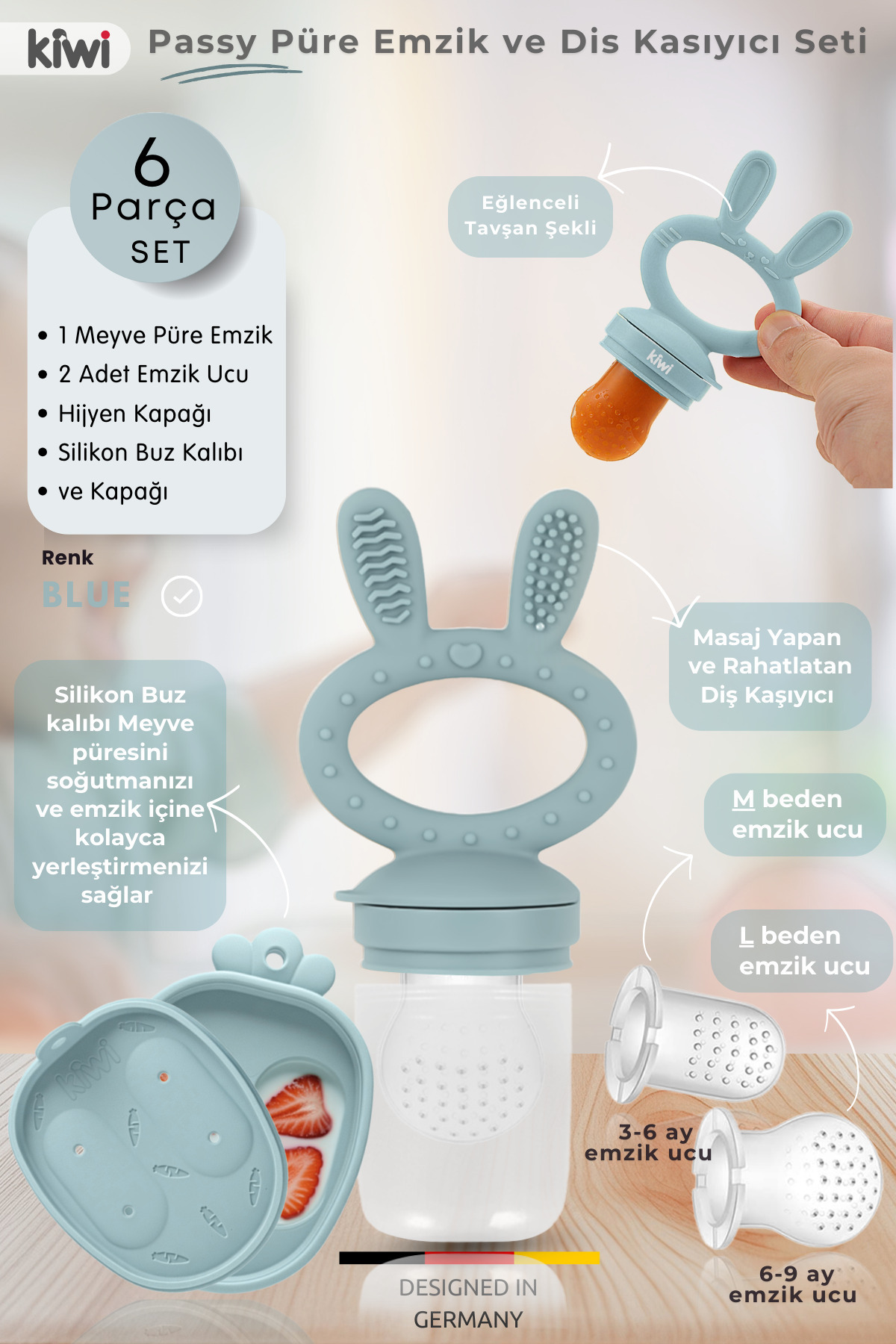 Kiwi Passy Püre Emzik ve Diş Kaşıyıcı Bebek Meyve Süzgeci+Buz Kalıbı - Dusty Blue