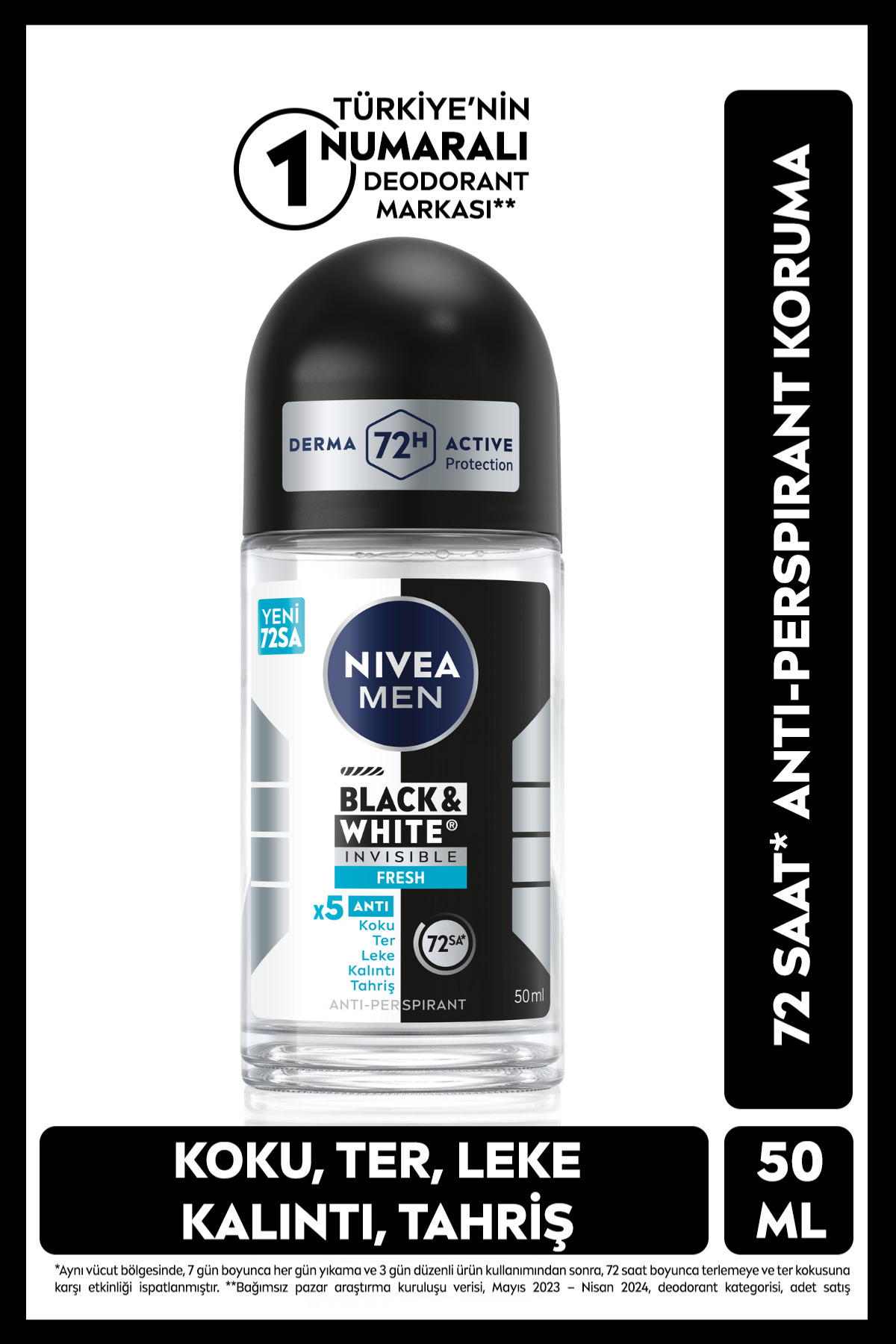 NIVEA MEN Erkek Roll on Deodorant Black&White Fresh 50ml,72 Saat Anti-Perspirant Koruma,Leke Karşıtı