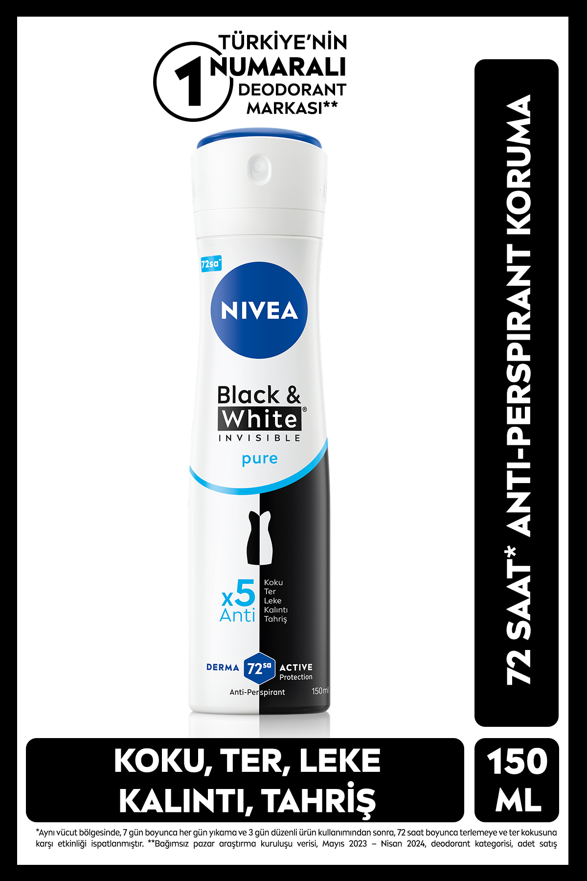NIVEA Kadın Sprey Deodorant Black&White Invisible Pure 150ml, 72 Saat Anti-perspirant Ter Koruması