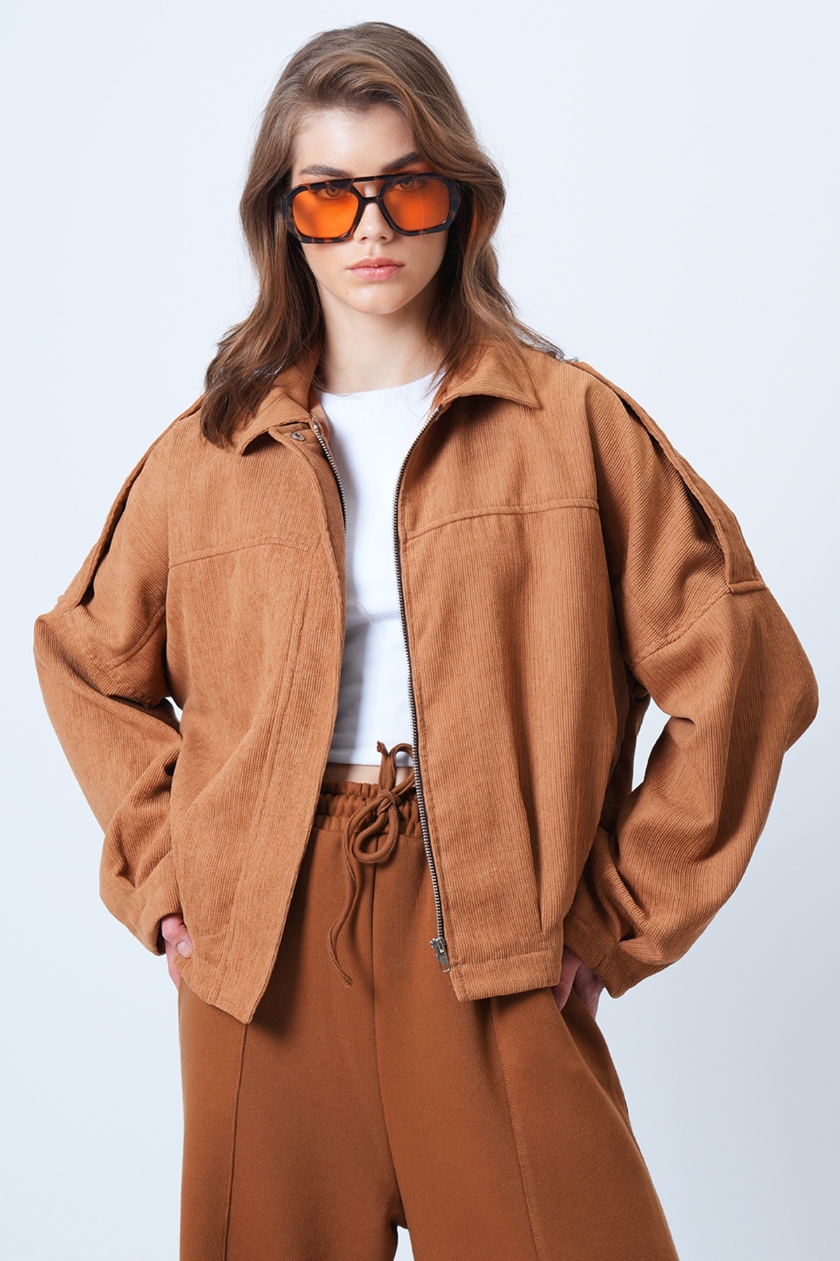 Tan Shoulder Epaulette Lined Velvet Bomber Jacket ALC-X14617
