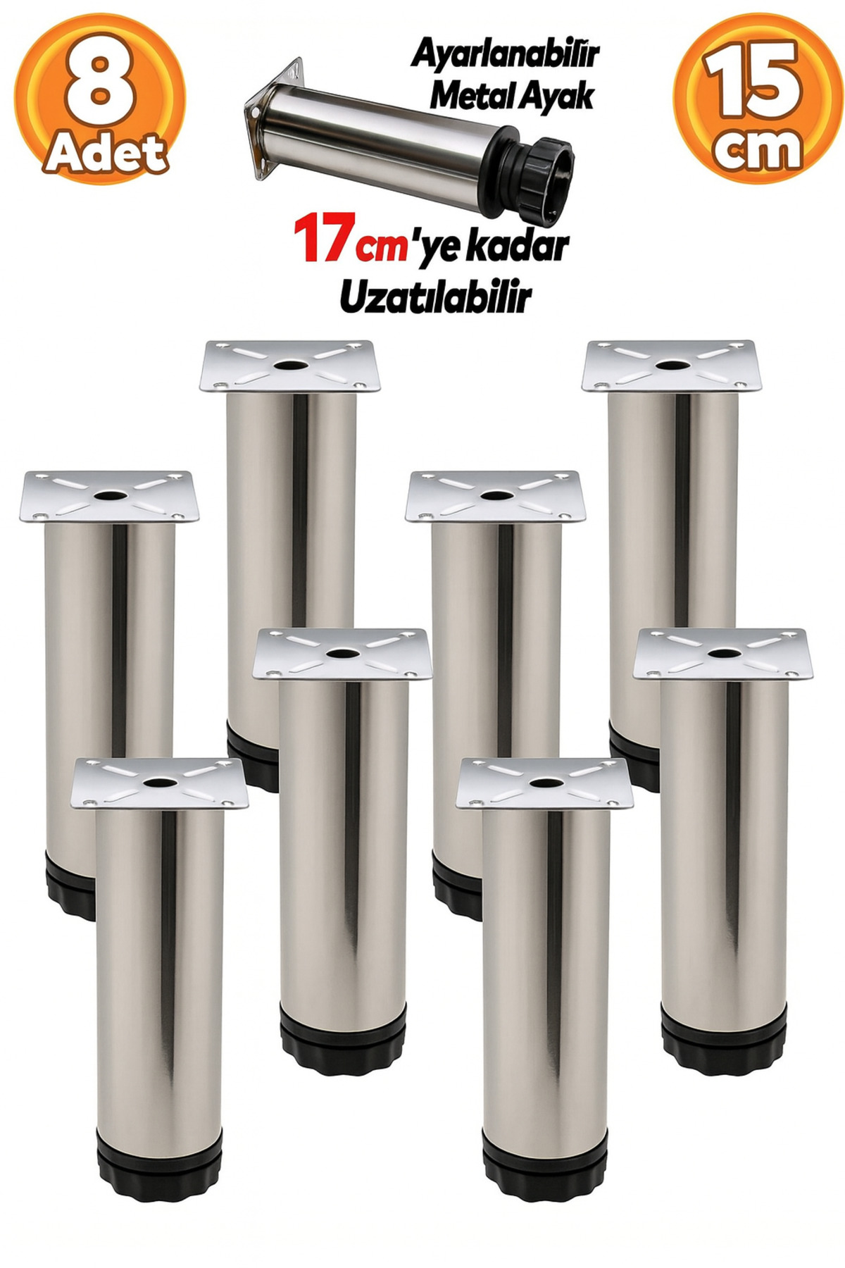 Badem10 Ayarlanabilir Mobilya Kanepe Baza Koltuk Metal Destek Yükseltici Ayağı 15 cm Krom Ayakları (8 ADET)