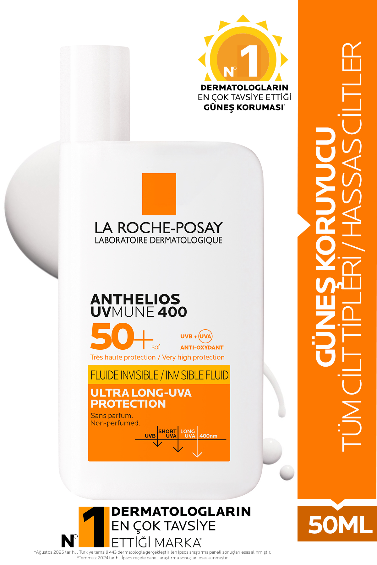 La Roche Posay Anthelios UVmune400 Invisible Fluid Tüm Cilt Tipleri İçin SPF50+ Yüz Güneş Kremi 50 ml