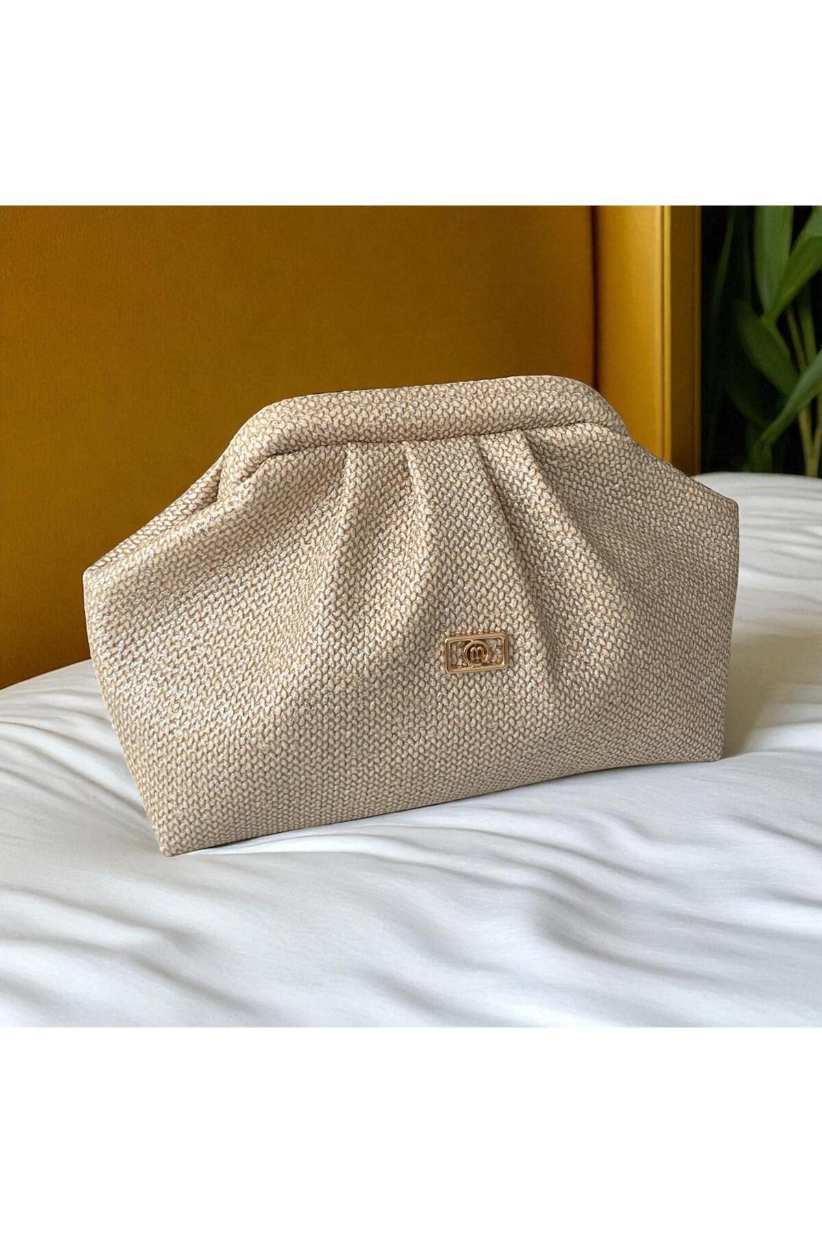 DMR PLACE Hasır Görünümlü Kadın Şık Clutch El Çantası Ve Çapraz Askılı