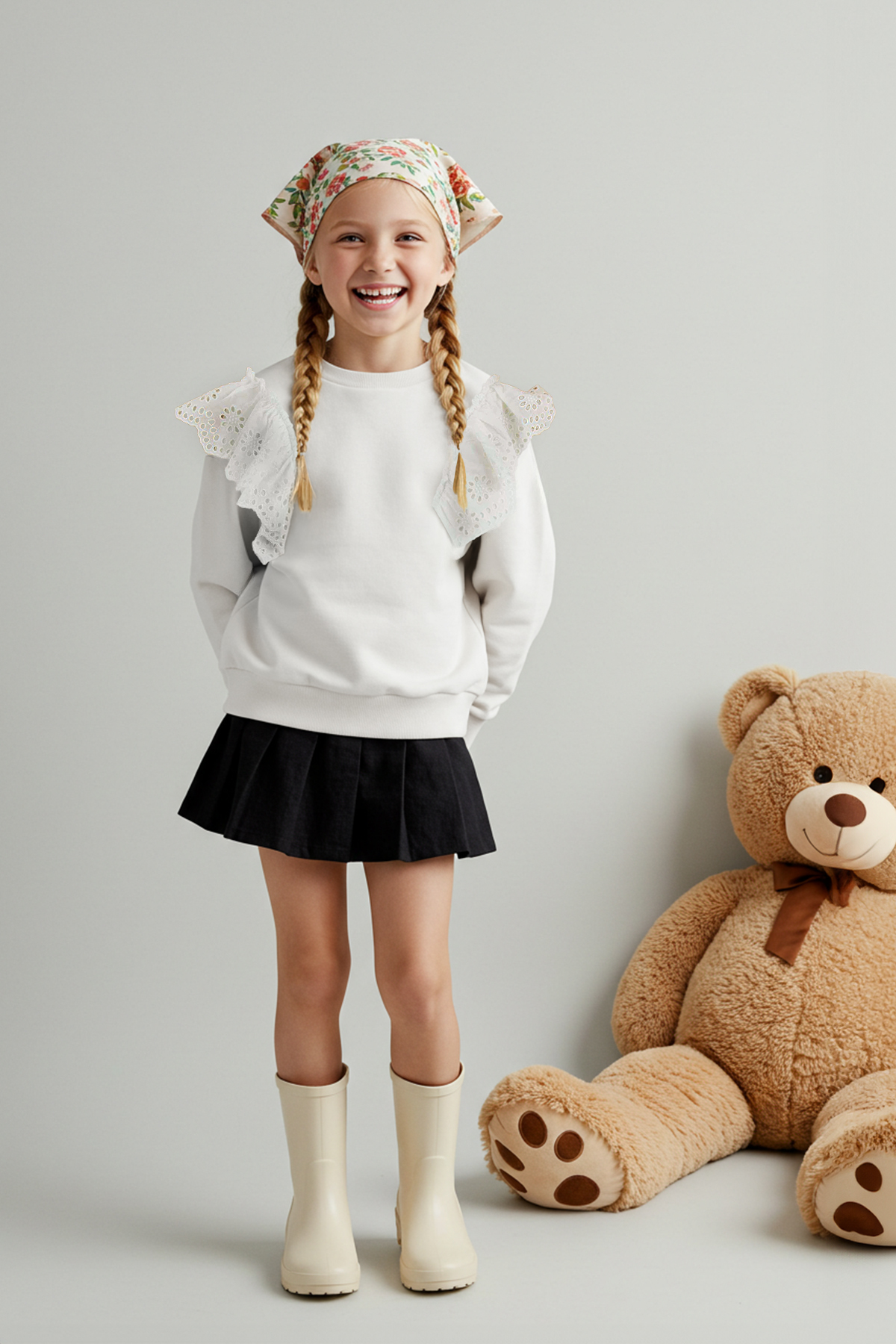 Trendyolmilla Kids Ekru Pamuklu Düz/Basic Kalın/İçi Polarlı Regular Örme Kız Çocuk Sweatshirt TKDAW26SW00034