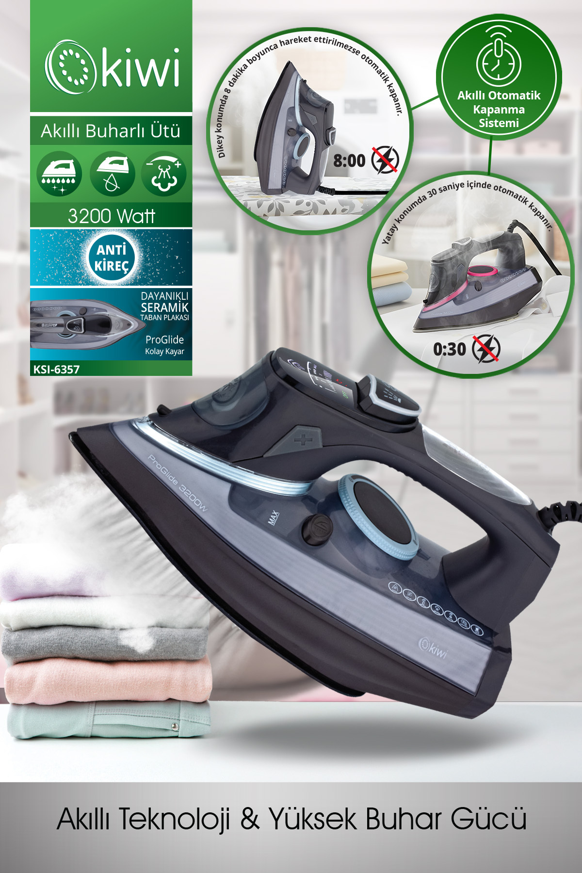 Kiwi Buharlı Ütü 3200 Watt Dijital Göstergeli Akıllı Otomatik Kapanma Ksı-6357