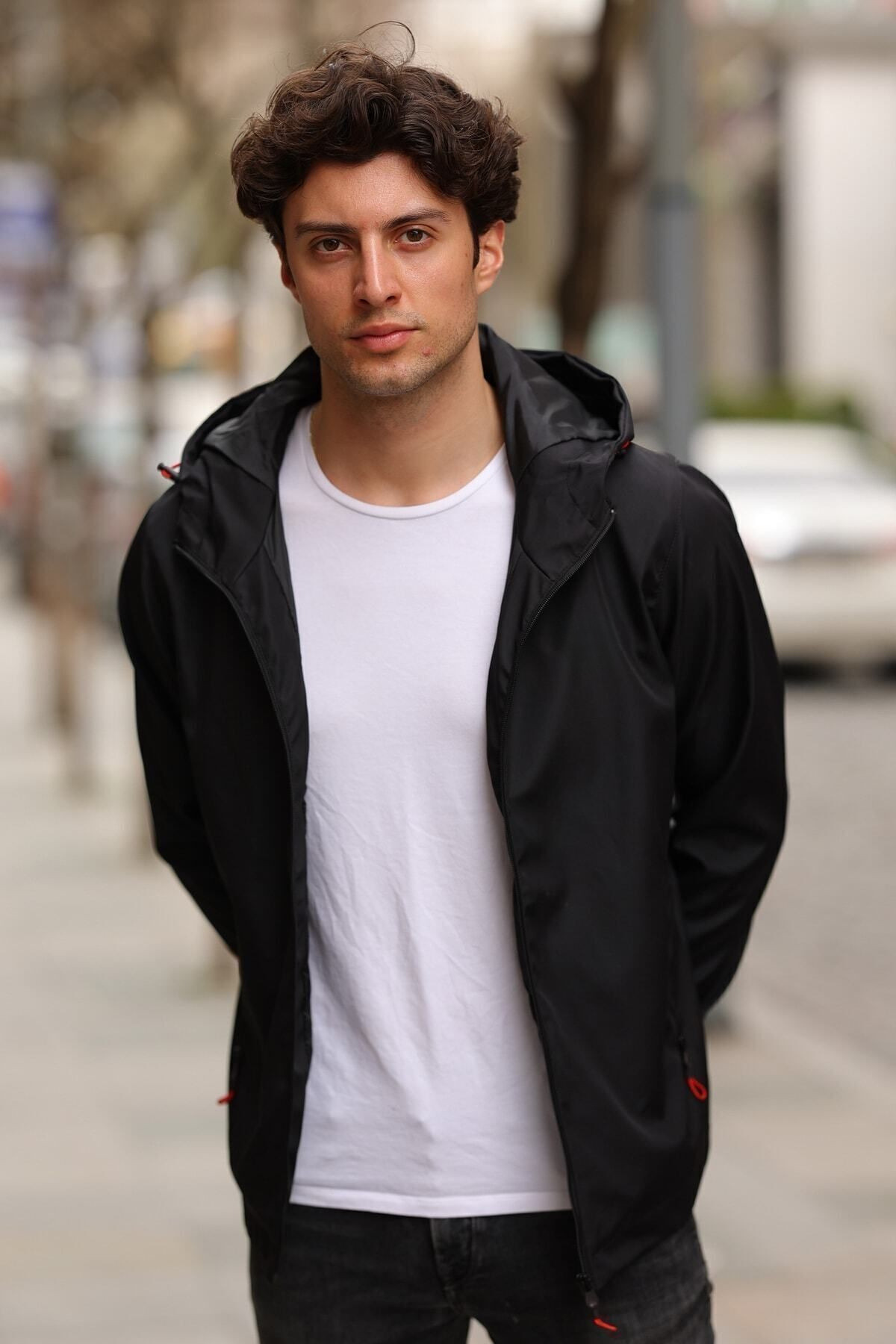 RİVERCLUP  Erkek Siyah Astarlı Kapüşonlu Cepli Yağmurluk - Rüzgarlık Ceket - Görsel 6