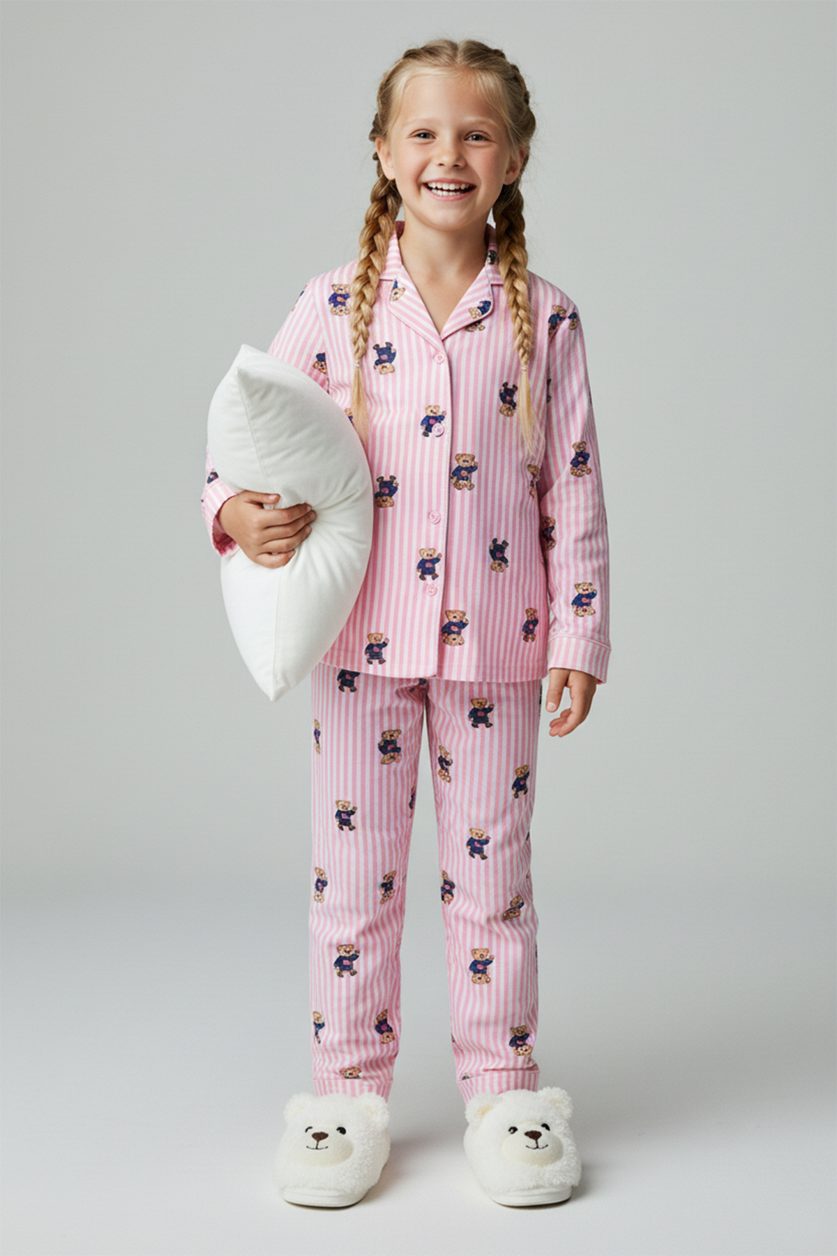 TRENDYOLKIDS Pink Soft Textured Girl's Patterned Shirt Collar Regular Knitted Pajama Set Tkdaw26Pt00006