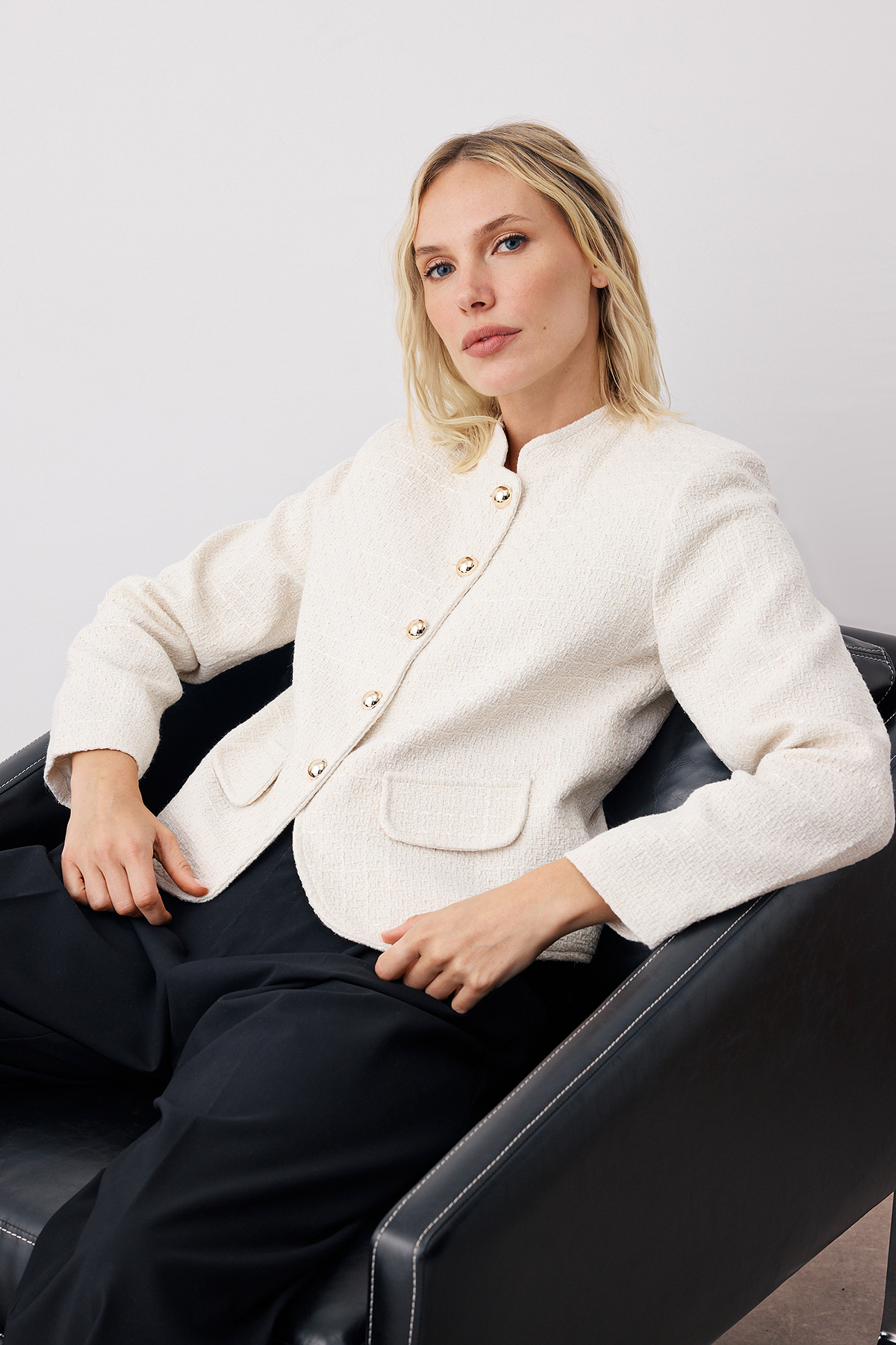 Trendyol Collection Ecru Buttoned Woven Tweed Jacket TWOAW26CE00028