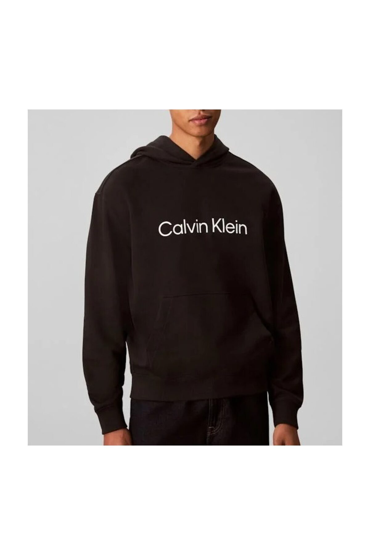 کلوین کلاین سویشرت مردانه آستین بلند کلاه دار مشکی طرح دار با چاپ لوگو روی سینه LV14LD231G-UB1