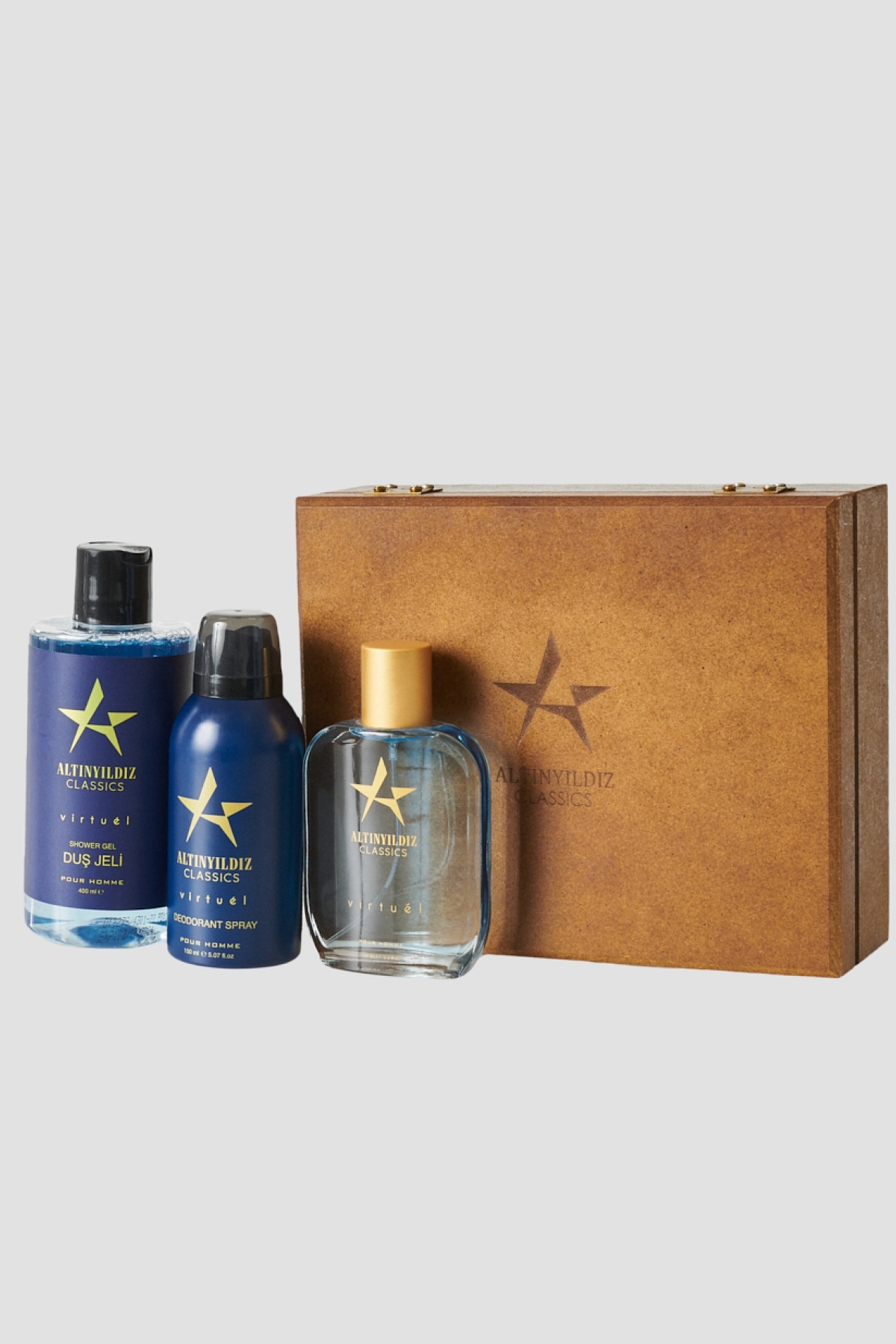 ALTINYILDIZ CLASSICS Erkek AC Virtuel 100 Ml EDP Parfüm-Deodorant 150 Ml Duş Jeli 400 Ml Ahşap Kutulu Set Damat Bohçası