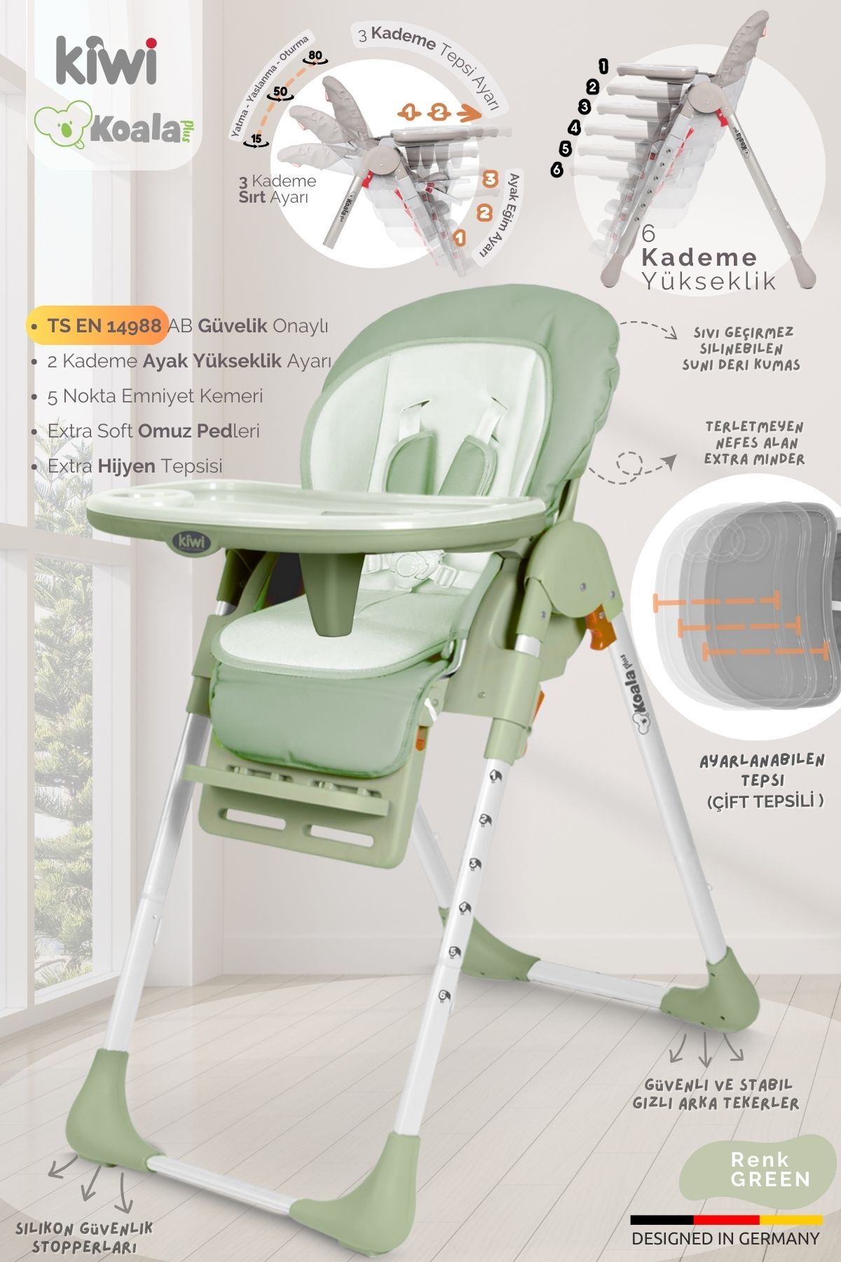Kiwi Koala All In One Katlanır Tekerlekli Mama Sandalyesi - Yeşil