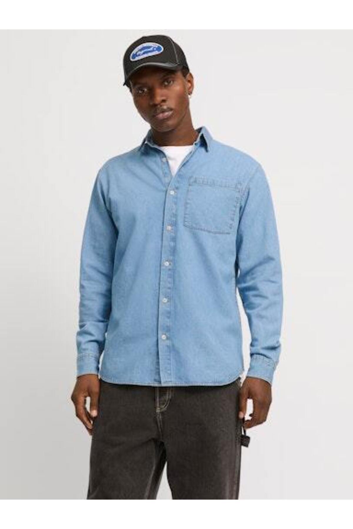 پیراهن جک اند جونز مردانه جین آبی  راسته Regular/رگولار    Çarpraz Bağlama کژوال/روزمره | Jack & Jones 12270005 TR - تصویر 2