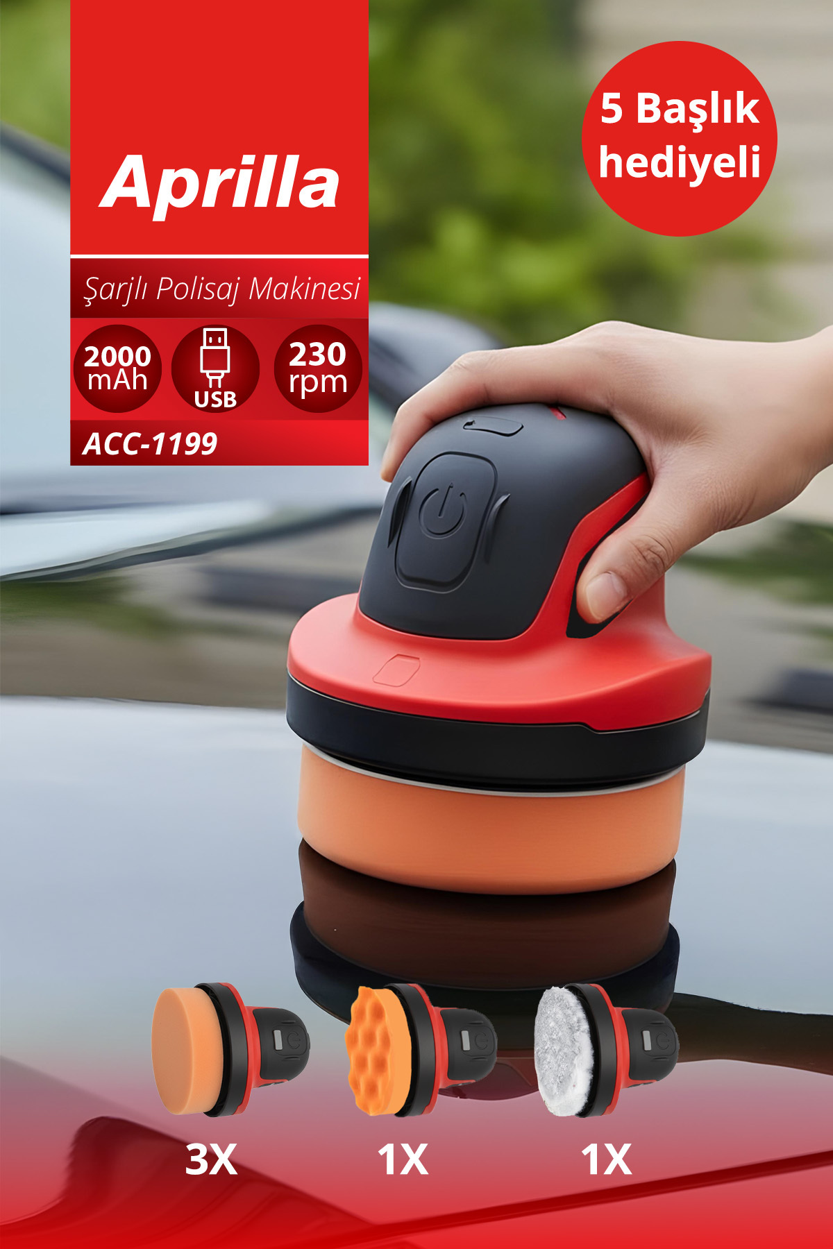Aprilla Acc-1199 Şarjlı Polisaj Makinesi – 10 cm Parlatma Yüzeyi, Sünger Seti, Hafif ve Ergonomik Tasarım