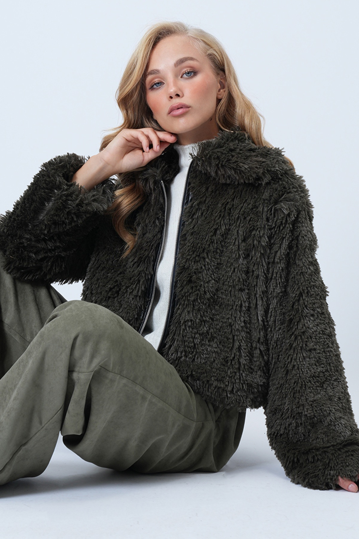 Women's Khaki Leather Detailed Plush Jacket with Zipper Front ALC-X14577