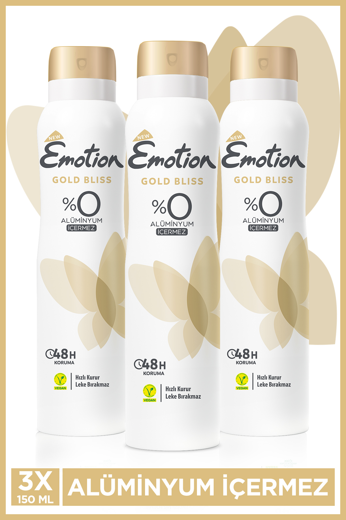 Emotion Gold Bliss Kadın Vegan Deodorant 3x150 Ml Hızlı Kurur, Leke Bırakmaz