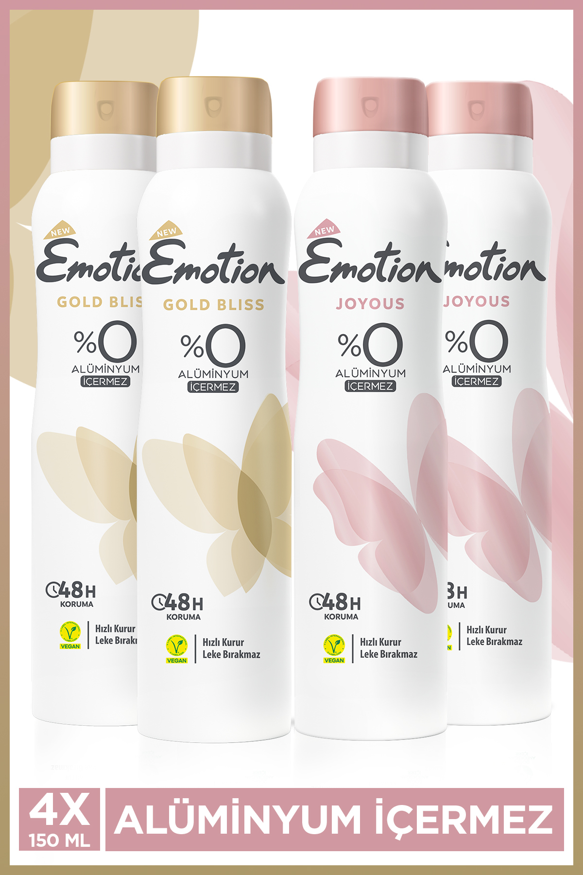 Emotion Gold Bliss & Joyous Kadın Vegan Deodorant 4x150 ml Hızlı Kurur, Leke Bırakmaz