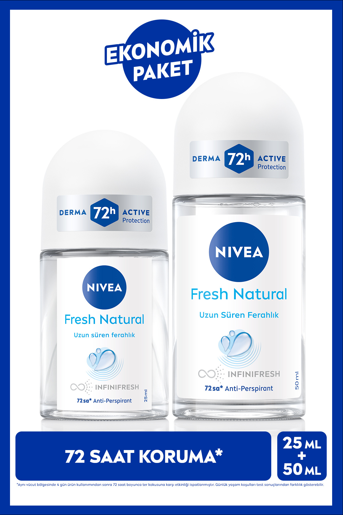 NIVEA Kadın Roll-on Deodorant Fresh Natural 50 ml ve 25 ml,72 Saat Antiperspirant Koruma,Ekonomik Boy